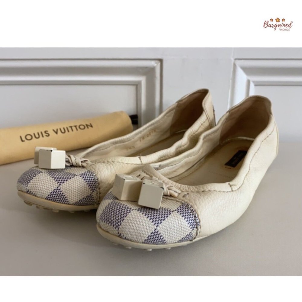 Auth Louis Vuitton Damier Azur Leather Lovely Scrunch LV Cube Ballet Flats 6.5 - Picture 12 of 13